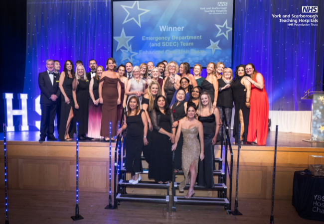 Group shot of award winners onstage at the Celebration of Achievement awards.